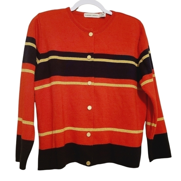 Karen Lessly | Women's Vintage Red Striped Cardigan Sweater (Medium Petite) - Picture 1 of 14
